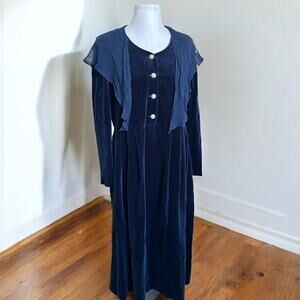 Vintage 80s 90s Laura Ashley Navy Blue Velvet Maxi Dress with Tie Collar sz 12
